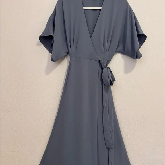 Aritzia Light Slate Gray Wrap Midi Dress with Tie Belt - Picture 5 of 5